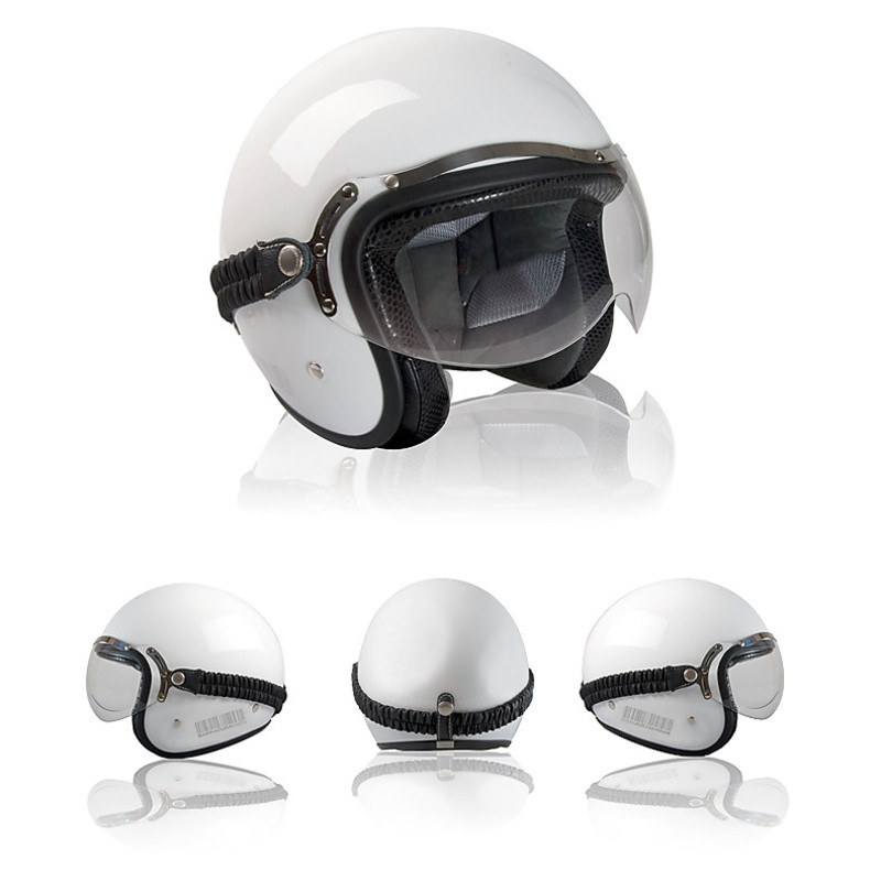 Casco Moto Jet Custom In Fibra BARRACUDA Classic Bianco Lucido Con Visiera a Elastico
